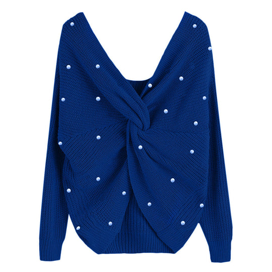 Damen Strickpullover mit asymmetrischem Rückendesign und perlenverzierten Elementen R&B