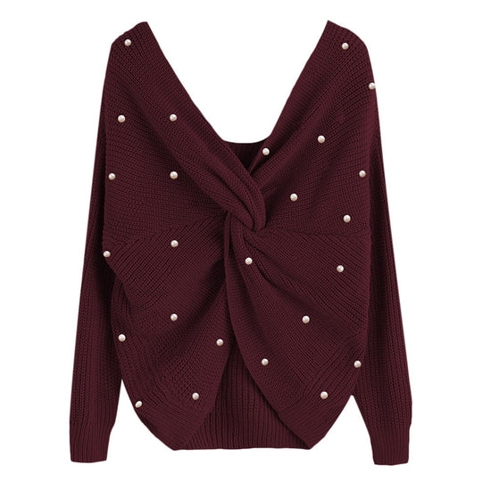 Damen Strickpullover mit asymmetrischem Rückendesign und perlenverzierten Elementen R&B
