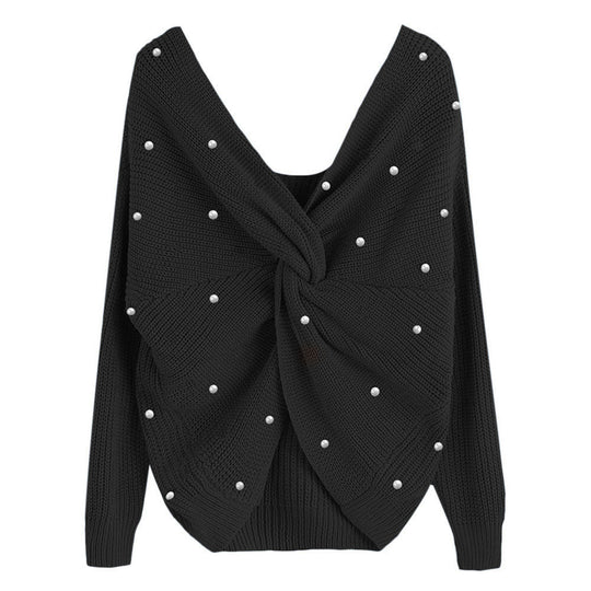 Damen Strickpullover mit asymmetrischem Rückendesign und perlenverzierten Elementen R&B