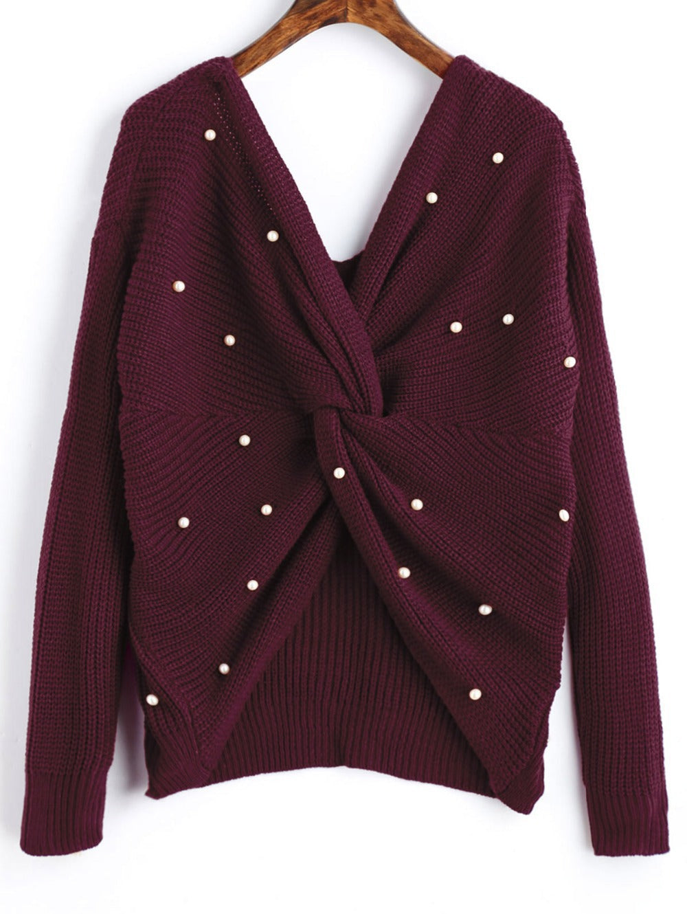 Damen Strickpullover mit asymmetrischem Rückendesign und perlenverzierten Elementen R&B