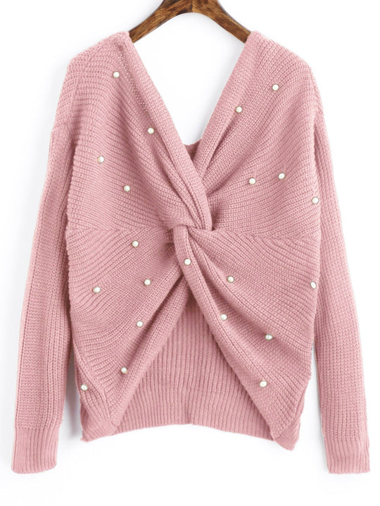 Damen Strickpullover mit asymmetrischem Rückendesign und perlenverzierten Elementen R&B