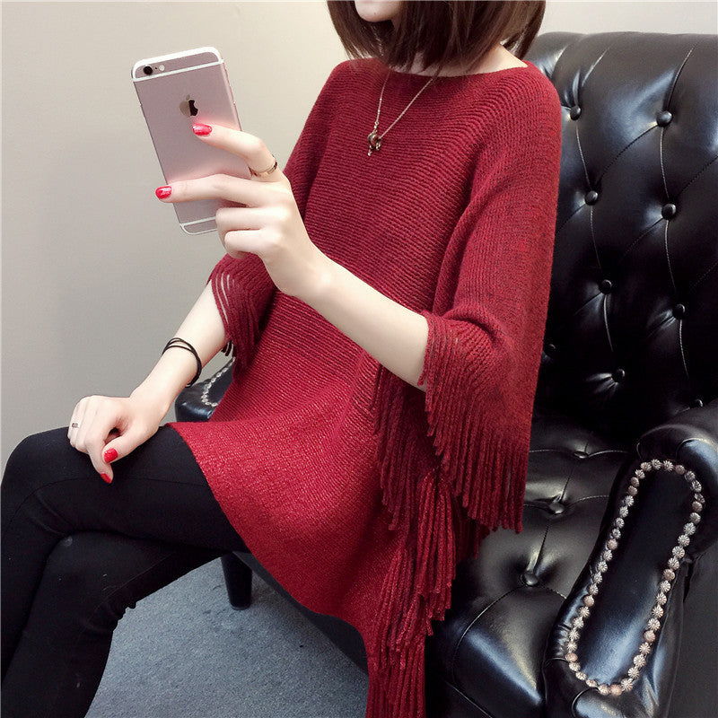 Damen Strickponcho mit Fransen und modischem Farbverlauf R&B
