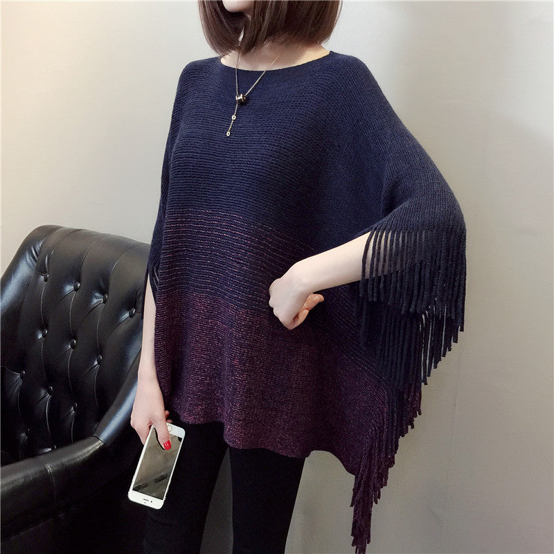 Damen Strickponcho mit Fransen und modischem Farbverlauf R&B