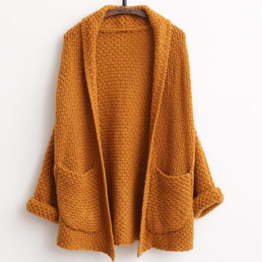 Damen grober Strick-Cardigan mit offenen Ärmeln und praktischen Taschen R&B