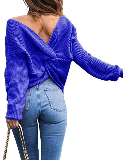 Damen lässiger Strickpullover mit tiefem Rückendetail und übergroßem Schnitt R&B