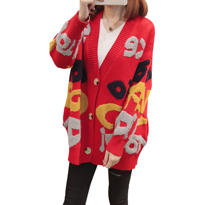 Damen Strickjacke mit kreativen Grafiken und modernen Knöpfen R&B
