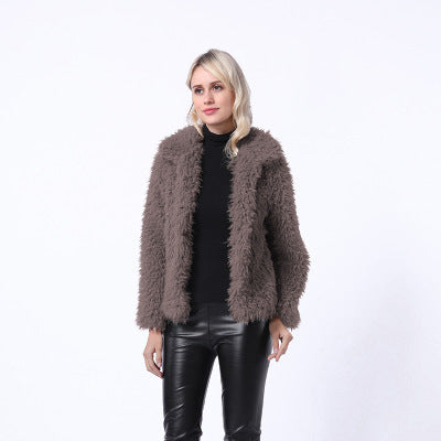 Damen Modischer Kunstpelzjacke mit elegantem Kragen und seitlichen Taschen R&B