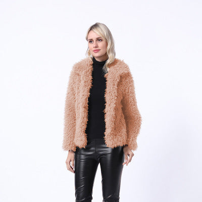 Damen Modischer Kunstpelzjacke mit elegantem Kragen und seitlichen Taschen R&B