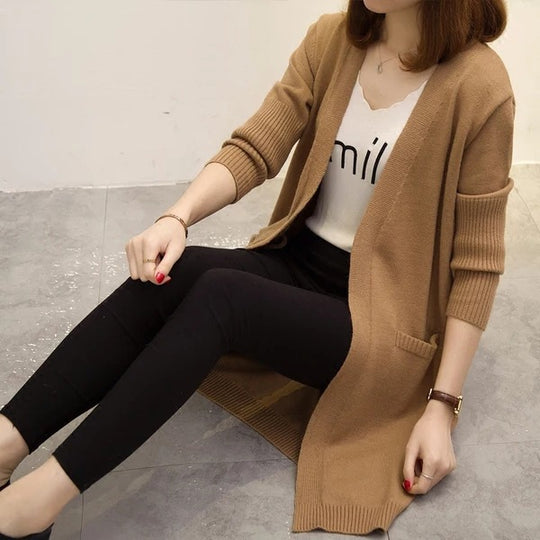 Damen Langer Strickcardigan mit lässiger Passform und tiefem V-Ausschnitt R&B