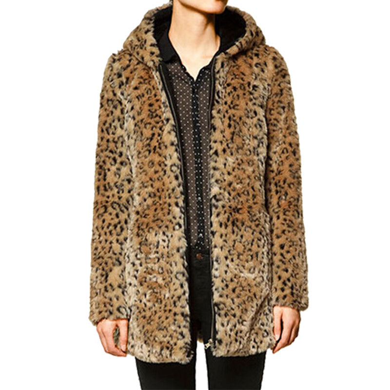 Damen Luxuriöse Kunstpelzjacke mit Leopardenmuster und praktischen Taschen R&B