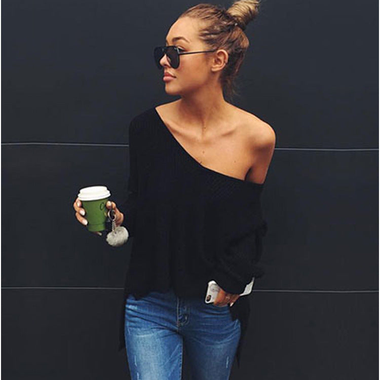 Damen lässiger Strickpullover mit asymmetrischem Ausschnitt und weitem Schnitt