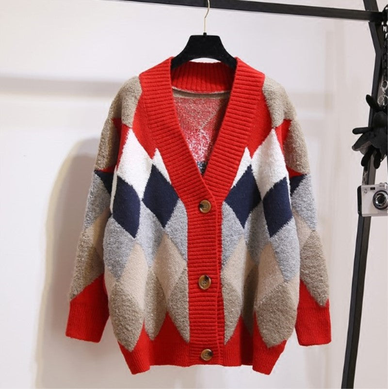 Damen Strickjacke mit modischem Rautenmuster und großzügigem Schnitt