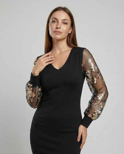 Schwarzes Blumen Mesh Midikleid | R&B