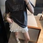 Damen Kurzarm T-Shirt mit Buchstaben Print Dunkelgrau