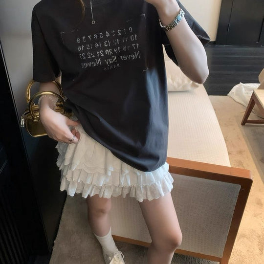 Damen Kurzarm T-Shirt mit Buchstaben Print Dunkelgrau
