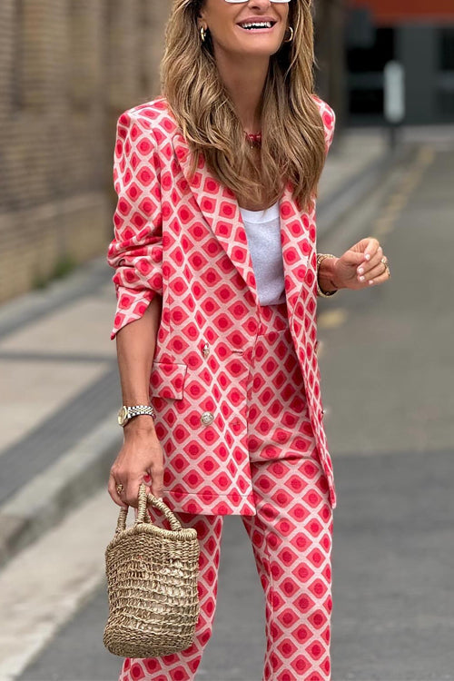 R&B | Rosiedress Geometrischer Druck Revers Doppelt Knopf Blazer und Flare-Hosen Set
