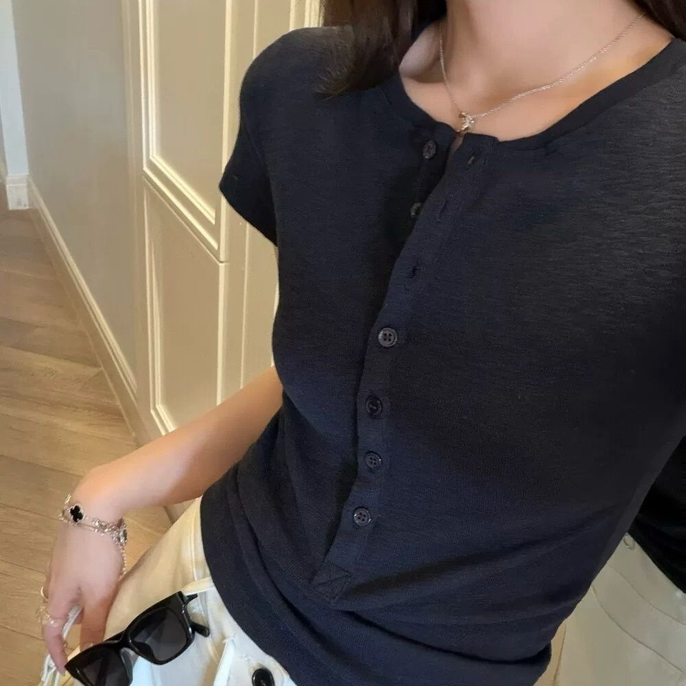 Damen Kurzarm T-Shirt mit Knopfleiste Slim Fit