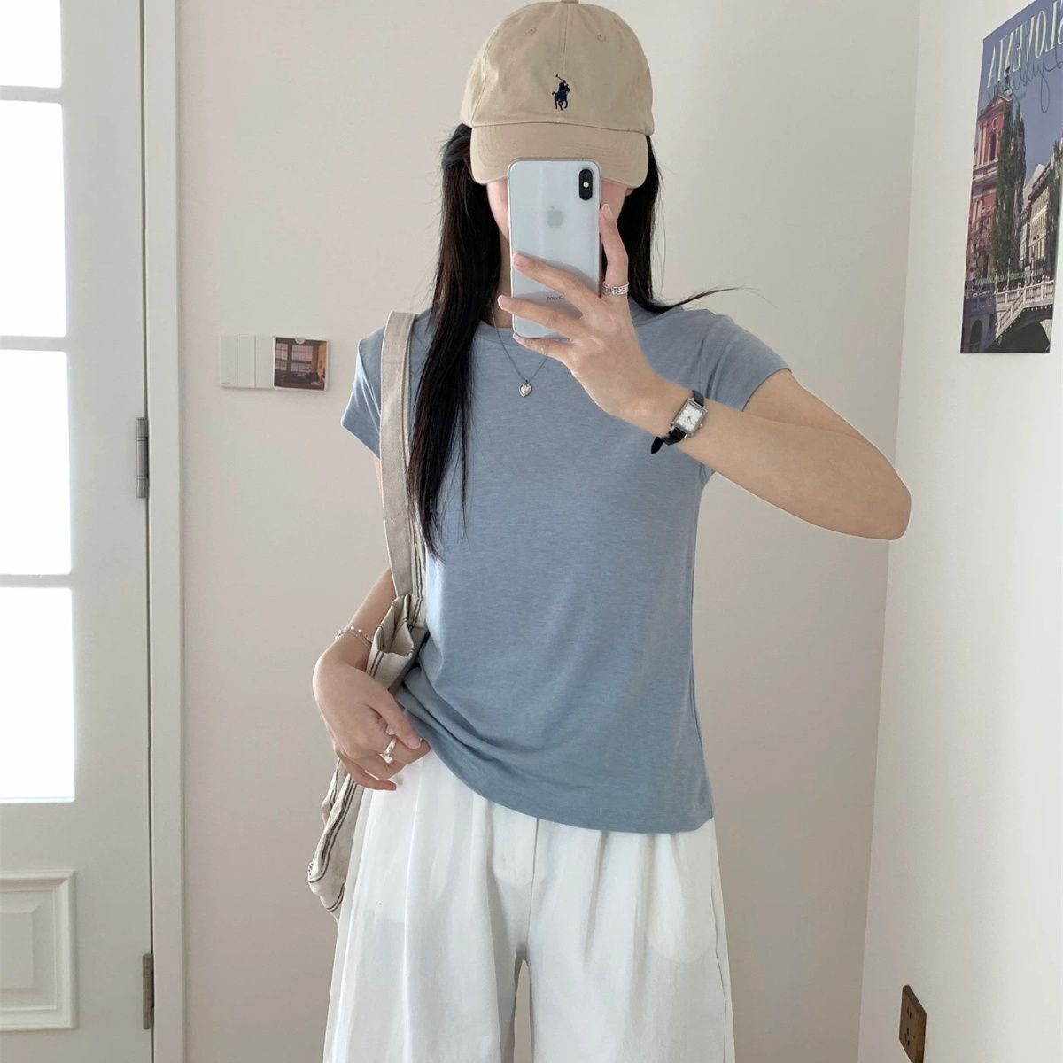 Damen Rundhals Kurzarm T-Shirt Slim Fit Grau
