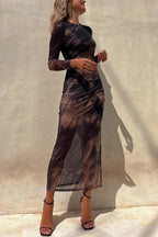 R&B | Charm Lady Mesh Overlay Tie Dye Print Langarm Rüsch Stretch Midi Kleid