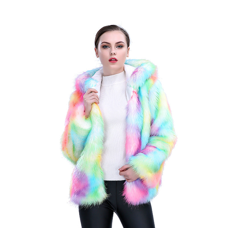 Damen Modische Kunstpelzjacke mit Kapuze und buntem Farbverlauf R&B