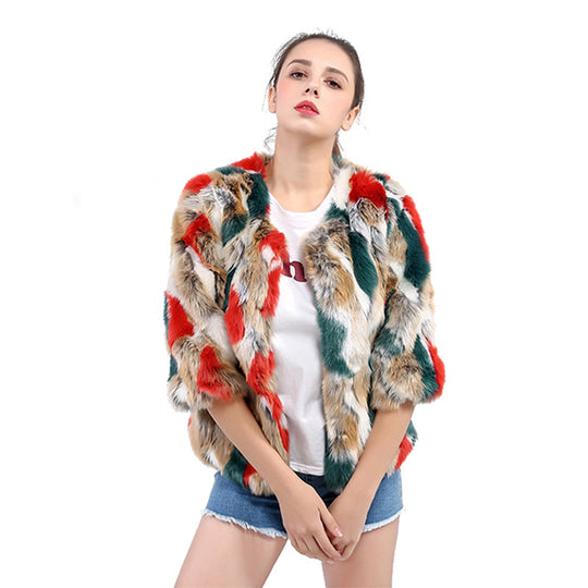 Damen Flauschige Kunstpelzjacke mit lebhaftem Muster und weit geschnittenen Ärmeln R&B