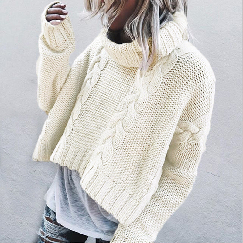 Damen Grobstrickpullover mit hohem Kragen und verspieltem Zopfmuster R&B