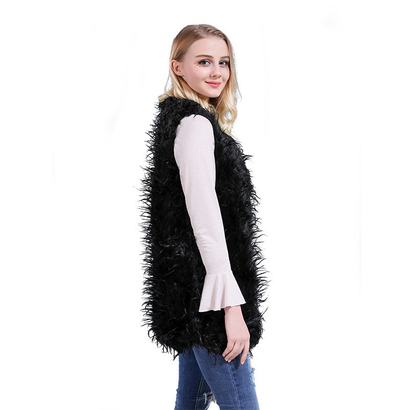 Damen Flauschige Kaftan-Weste aus Kunstpelz mit tiefem V-Ausschnitt und Seitentaschen R&B