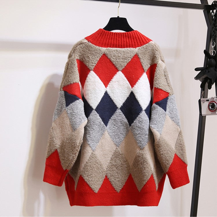 Damen Strickjacke mit modischem Rautenmuster und großzügigem Schnitt R&B