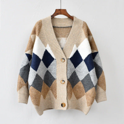 Damen Strickjacke mit modischem Rautenmuster und großzügigem Schnitt R&B
