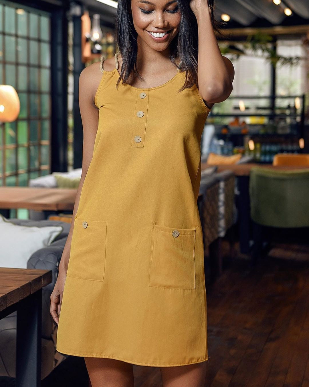 Damen lässiges Sommerkleid mit Knopfdetails und praktischen Taschen R&B