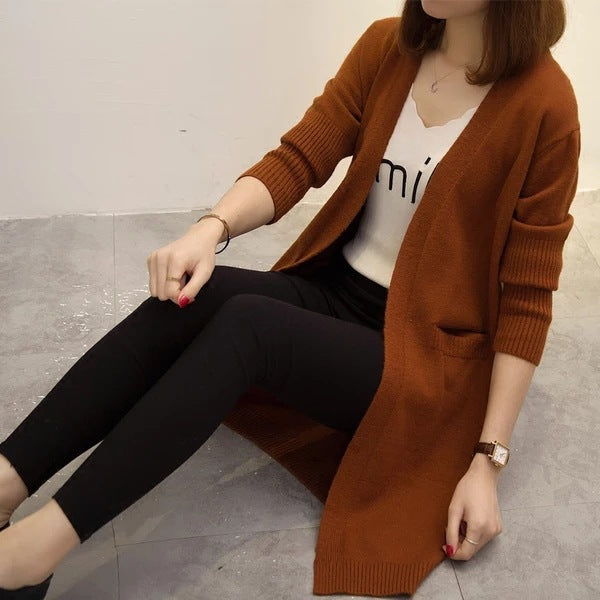 Damen Langer Strickcardigan mit lässiger Passform und tiefem V-Ausschnitt R&B