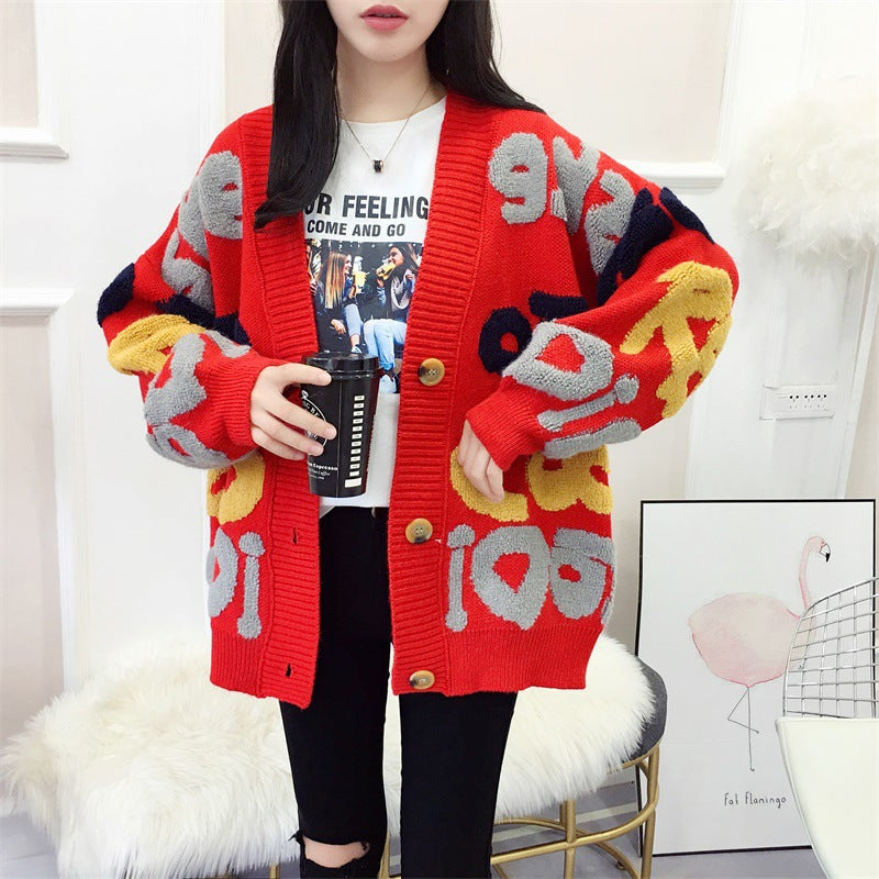 Damen Strickjacke mit buntem grafischen Design und gemütlichen Knöpfen