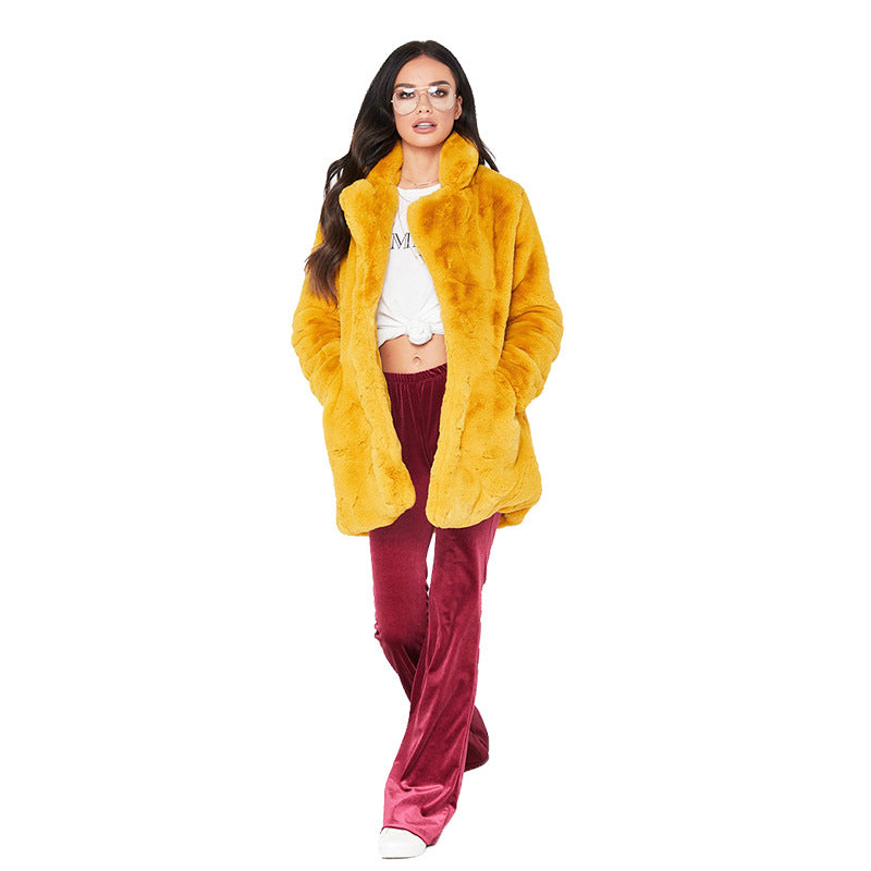 Damen Flauschige Langjacke aus Kunstpelz mit Kapuze R&B