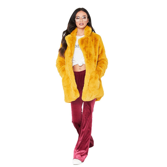 Damen Flauschige Langjacke aus Kunstpelz mit Kapuze R&B