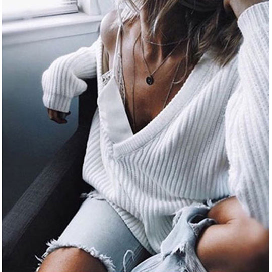 Damen lässiger Strickpullover mit asymmetrischem Ausschnitt und weitem Schnitt R&B