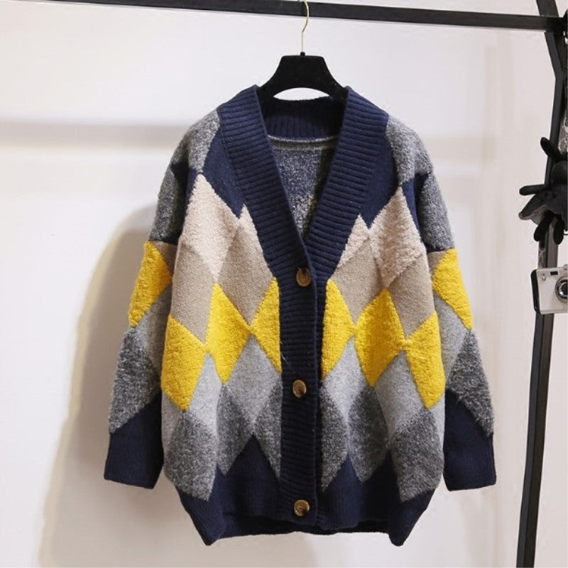 Damen Strickjacke mit modischem Rautenmuster und großzügigem Schnitt R&B