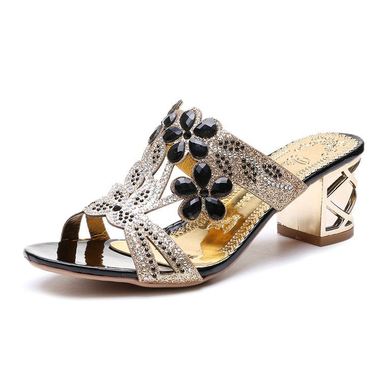 Damen nan verzierte Riemchensandalen mit mittelhohem geometrischem Blockabsatz und Kristallblumen R&B