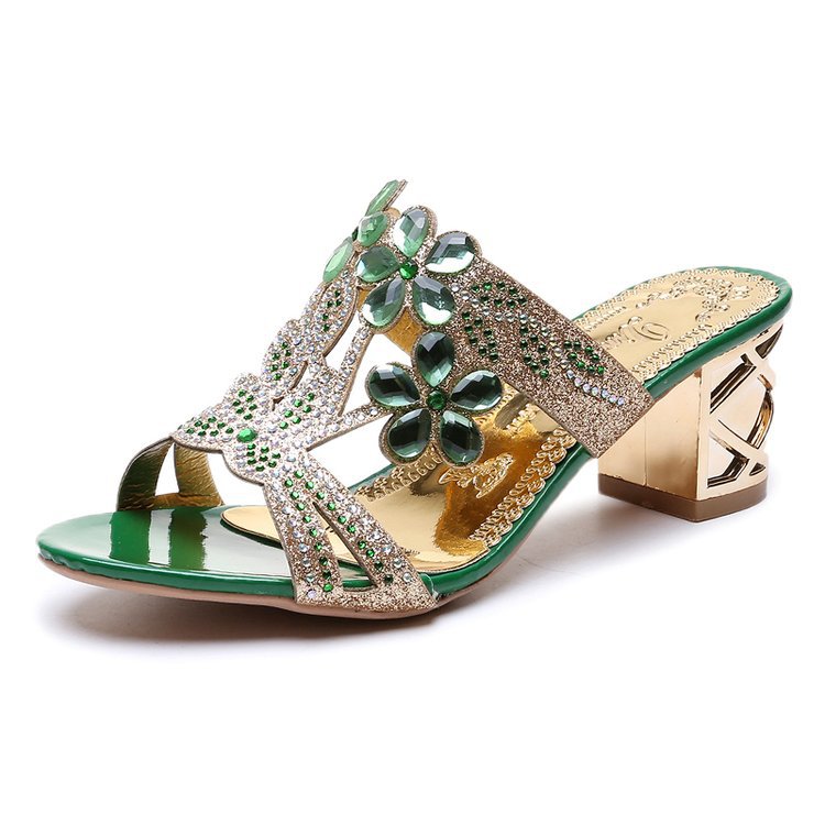 Damen elegante Riemchen-Sandaletten mit funkelnden Steinchen und kunstvollem Blumendesign R&B