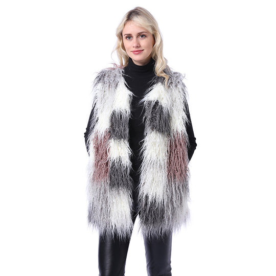 Damen Flauschige Kunstpelz-Weste im Patchwork-Design R&B