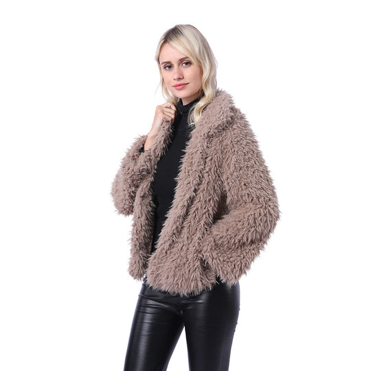Damen Modischer Kunstpelzjacke mit elegantem Kragen und seitlichen Taschen R&B