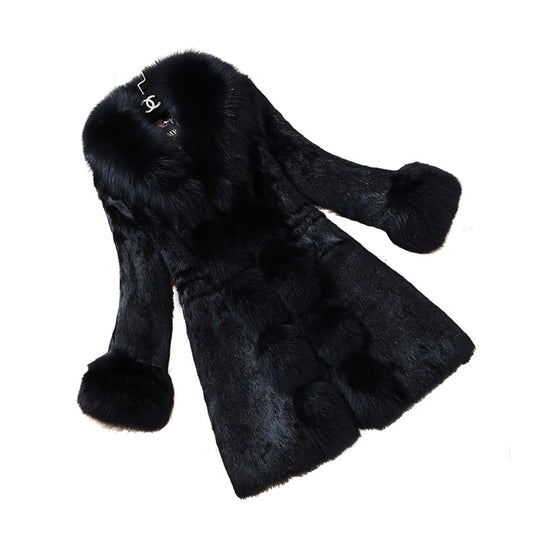 Damen eleganter Kunstfellmantel mit luxuriösem Kragen R&B