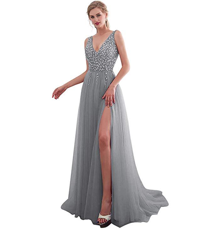 Damen Elegantes Abendkleid mit funkelnden Pailletten und tiefem Schlitz R&B
