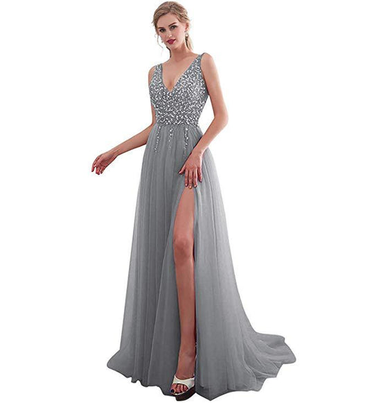 Damen Elegantes Abendkleid mit funkelnden Pailletten und tiefem Schlitz R&B