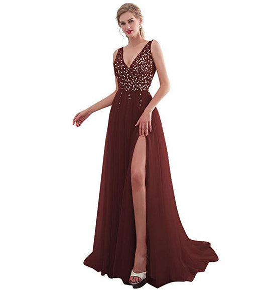 Damen Elegantes Abendkleid mit funkelnden Pailletten und tiefem Schlitz R&B