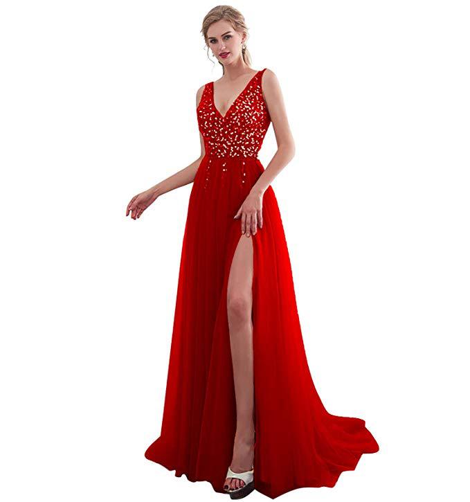Damen Elegantes Abendkleid mit funkelnden Pailletten und tiefem Schlitz R&B