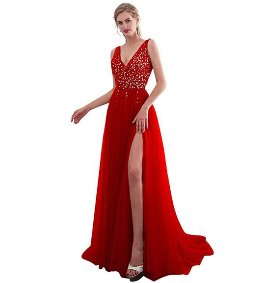 Damen Elegantes Abendkleid mit funkelnden Pailletten und tiefem Schlitz R&B