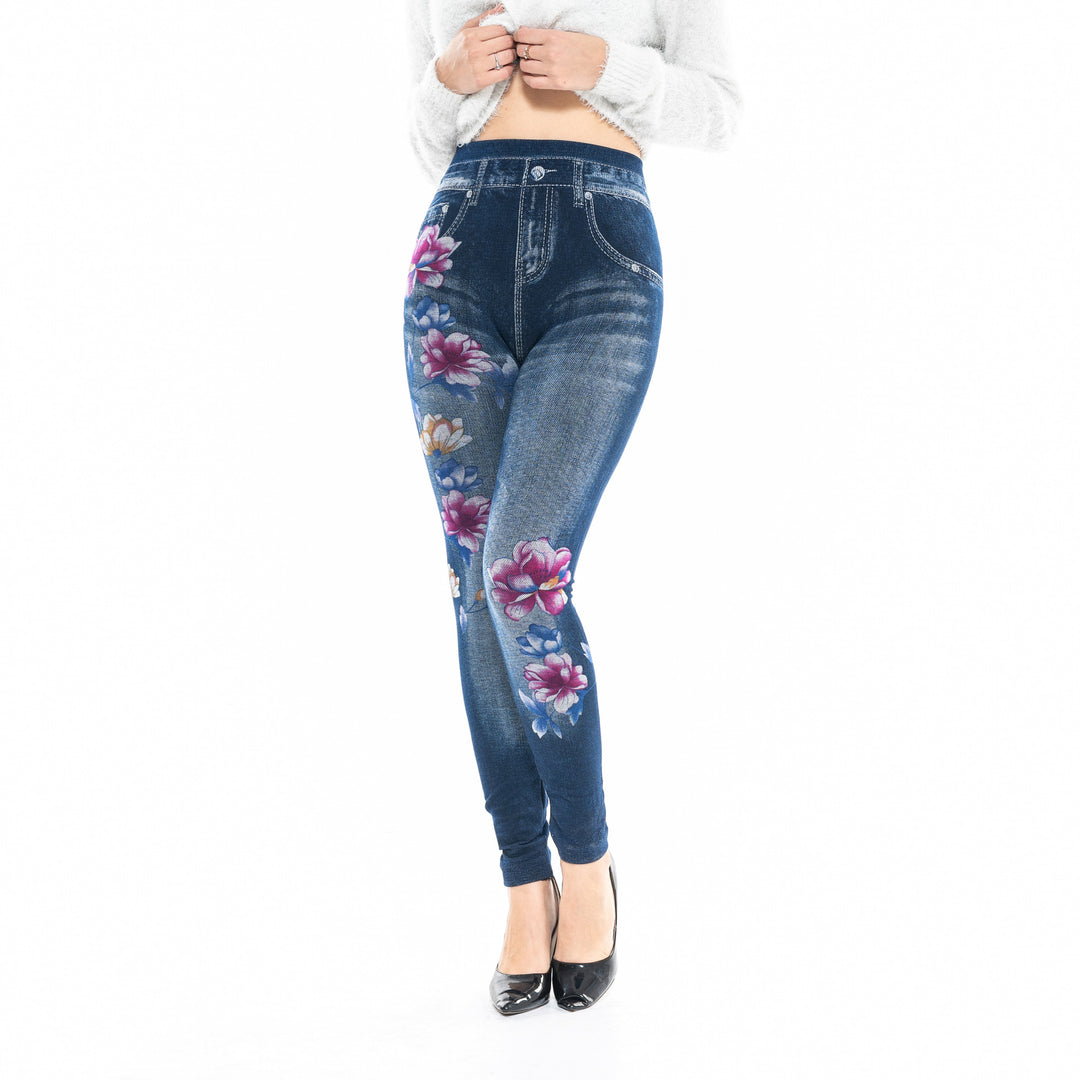 Damen High-Waist Jeansleggings mit floralen Applikationen R&B