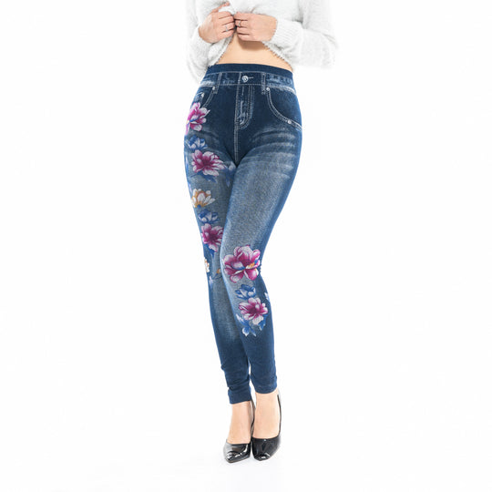 Damen High-Waist Jeansleggings mit floralen Applikationen R&B