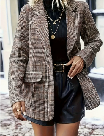 R&B | Lange Elegante Damenblazer Mit Karomuster Und Reverskragen | Perfekt Für Alle Jahreszeiten