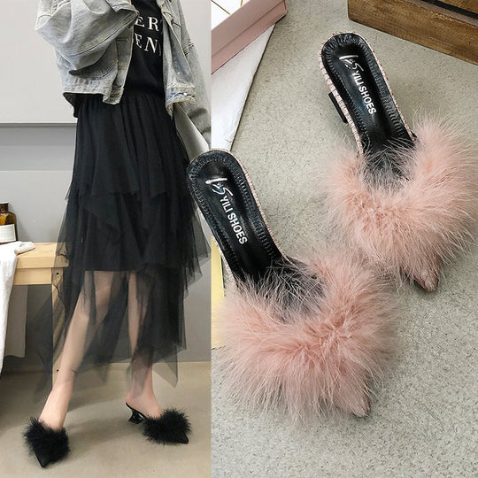 Damen elegante Mules mit glamourösem Flausche-Akzent R&B